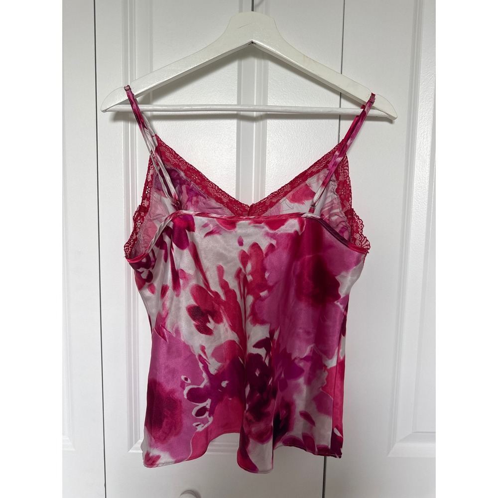 Linea Donatella Top Lace Trim Sz L Pink Abstract Flowers Satin Feminine Coquette - Picture 3 of 5